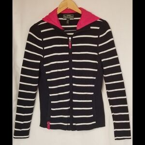Ralph Lauren Blue/White Striped Sweater Zip Front Removable Pink Hood Size L